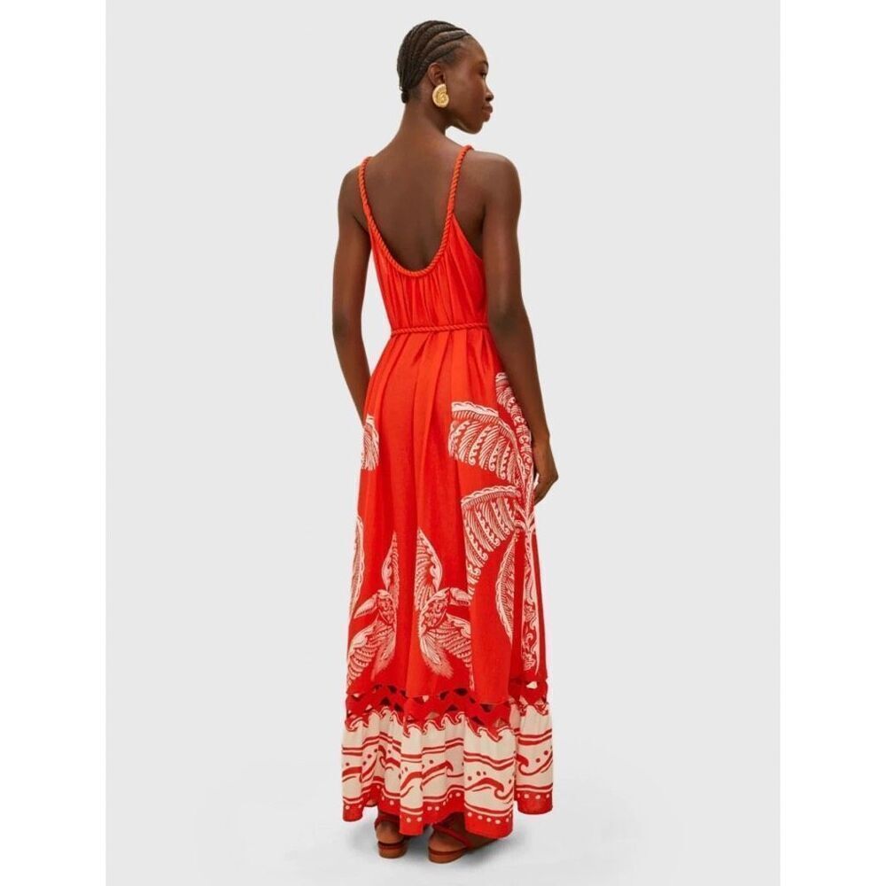 Farm Rio NWT Majestic Coconut Tree Maxi Dress Medium Red Linen Blend Tropical - Picture 3 of 9